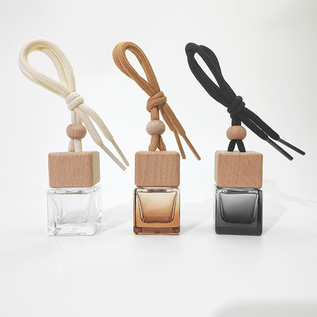 New 8ml Wooden Square Cap Square Perfume Bottle Rice Rope Gradient Brown Gradient Black Car Aromatherapy Pendant Empty Bottle Dh412