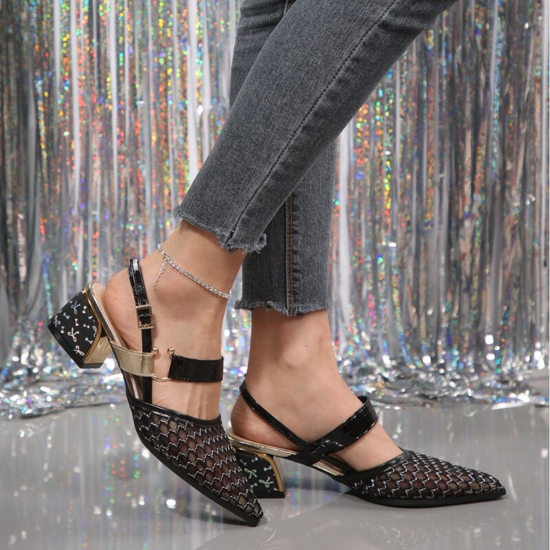Foreign Trade Hollow-Out Mesh Open-Toe Backless Ankle Strap Pointed Toe Chunky Heel Women's Sandals, Mature Style Mid-Heel Work Sandals Foreign Trade Hollow-Out Mesh Open-Toe Backless Ankle Strap Pointed Toe Chunky Heel Women's Sandals, Mature Style Mid-Heel Work Sandals