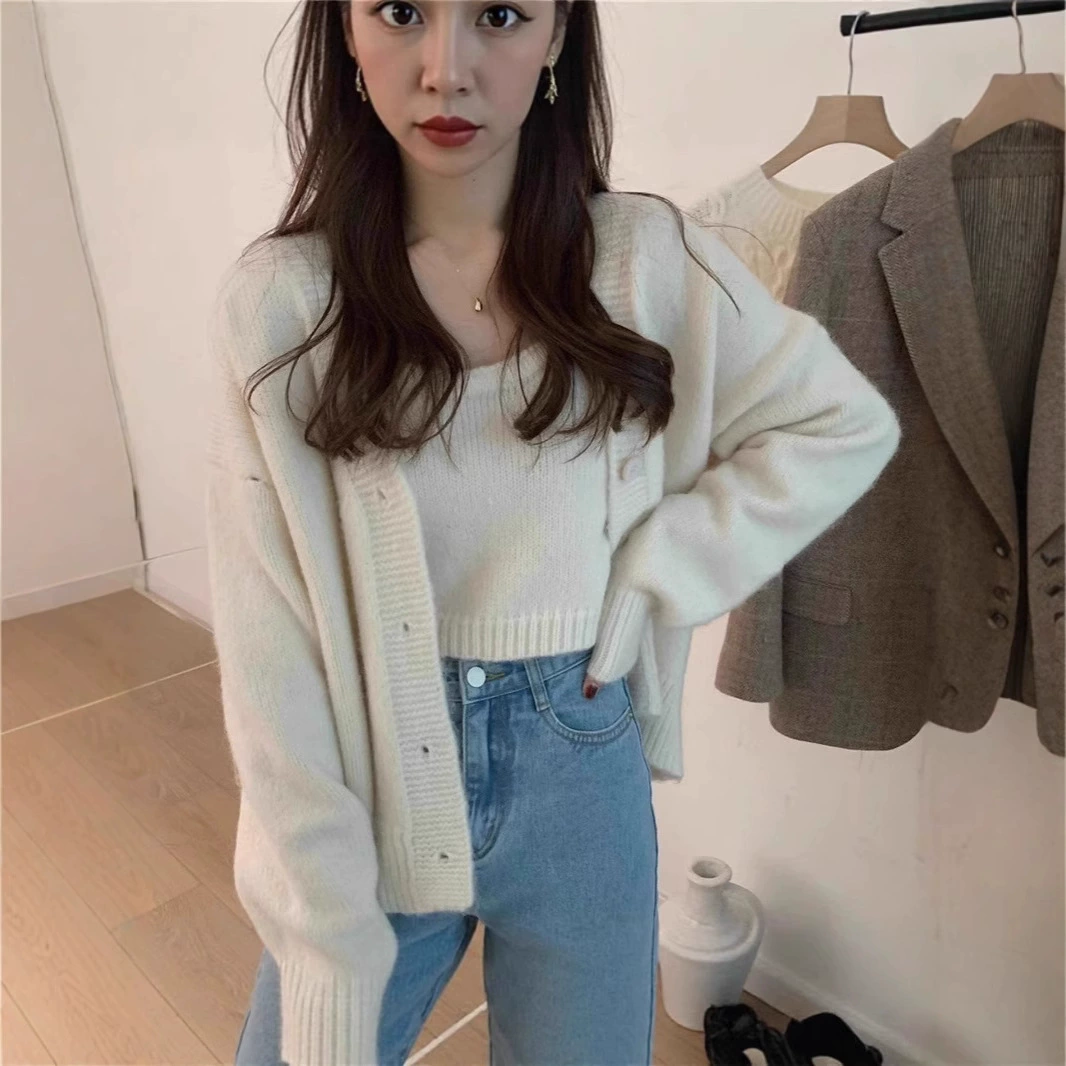 Корейский нежный ленивый стиль свитер-жакет для женщин 2025 осень-зима камисоль вязаный кардиган двухсоставной топ