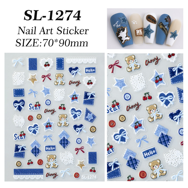 可爱牛仔小猫美甲贴纸5D浮雕立体牛仔布猫咪diy指甲贴纸饰品 SL款|undefined