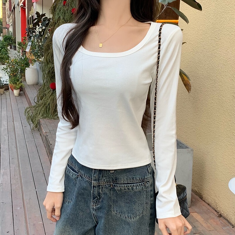 7138 # Real Shot of 210g Pure Cotton Threaded U-Neck Long-Sleeved T-Shirt Women's Short Square-Neck Bottoming Shirt Blank Version