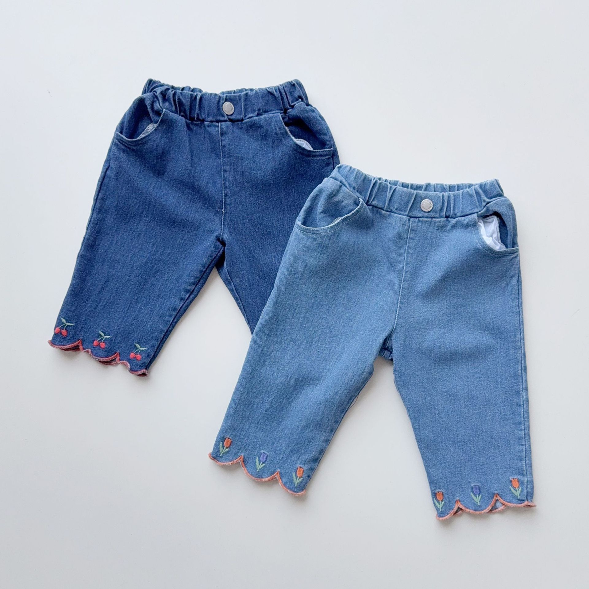 日系新品90-120女宝婴儿小童纯棉牛仔7分裤花边刺绣夏季百搭裤子