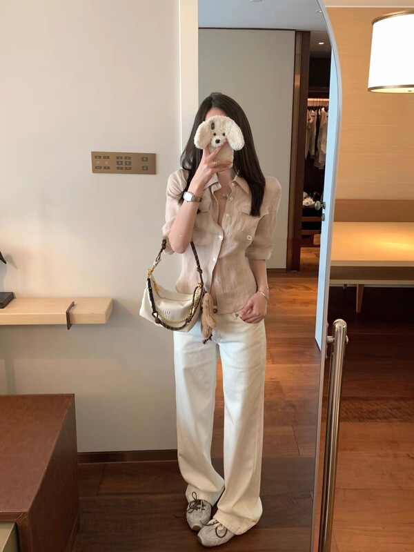 100リネンミッドスリーブレースアップウエストシャツ女性用、芸術的な気質、ダブルポケットショートトップ|undefined