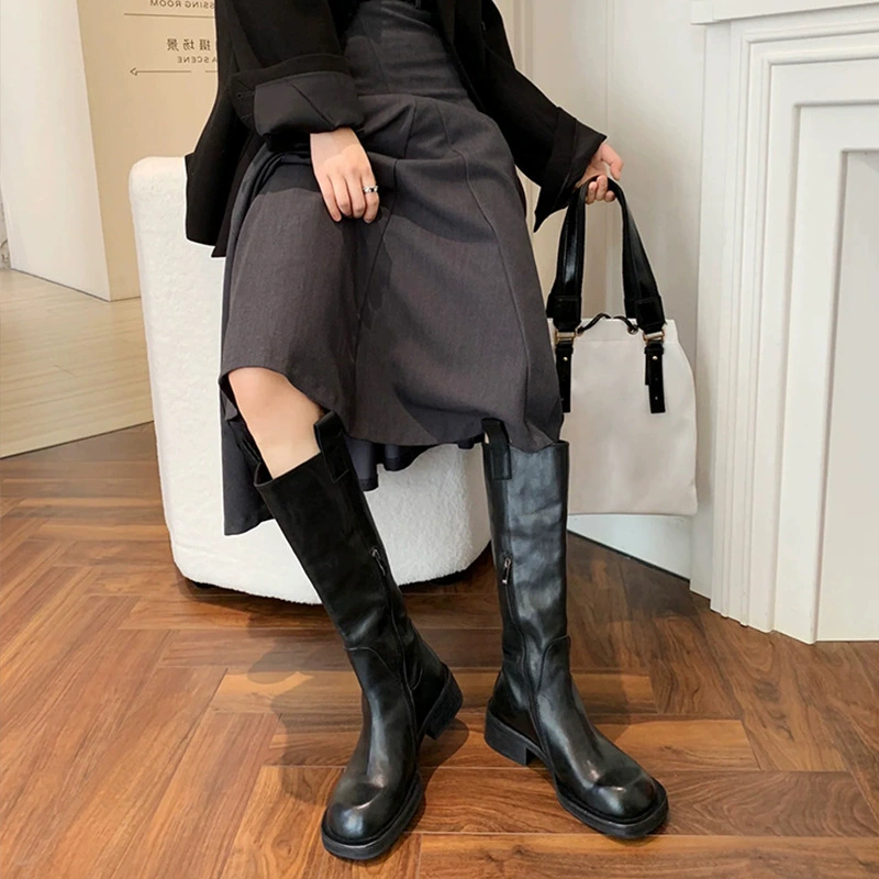 Коровья кожа версия ~ Сапоги на толстом каблуке тонкие ретро кожаные сапоги Челси сапоги высокие сапоги рыцари женские вестерны