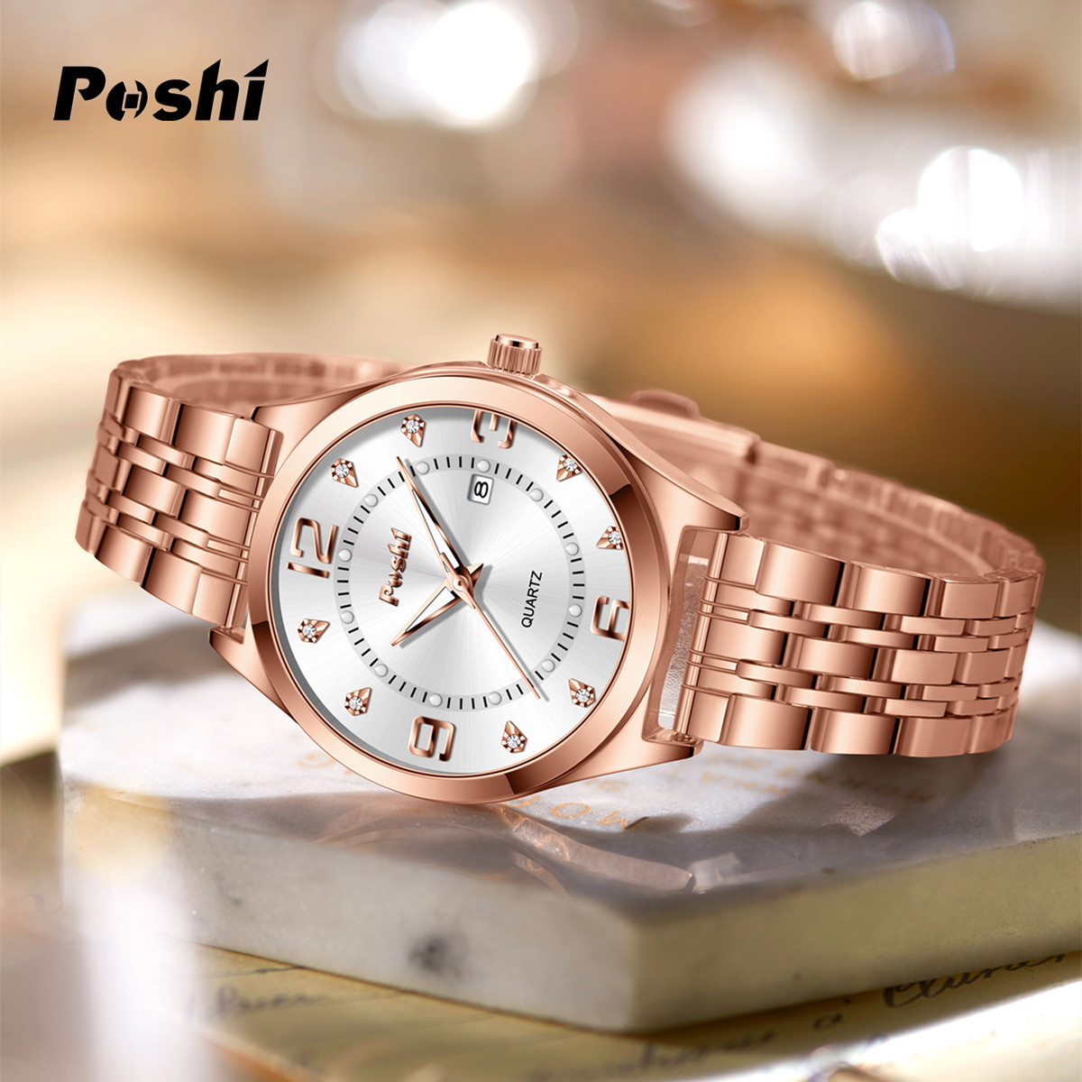 POSHI nuevo reloj para mujer, reloj con correa de acero, reloj impermeable para mujer, reloj de cuarzo de calendario, reloj para mujer
