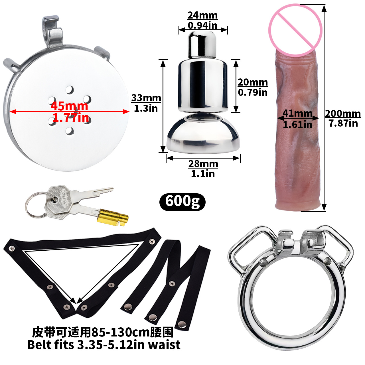 [3176a] k-03 40mm ring + urine support base + l size penis + pu-5 black elastic belt