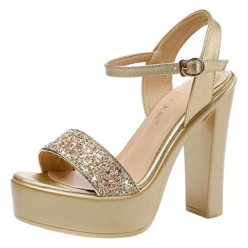 Одно слово с блестками коренастый пятки римские сандалии на высоком каблуке Водонепроницаемая платформа толстый Размер дна 32-43 чистый красный темперамент сандалии