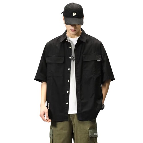 Summer 5-Button Collared Half-Sleeve Shirt for Men, Loose Fit Large Size Half-Sleeve Jacket, Japanese Workwear Collar Shirt for Men