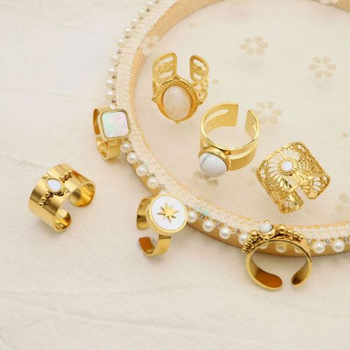Natural stone ring for women, shell, star, titanium steel, gold-plated, non-fading, adjustable open ring, European and American combination hand jewelry