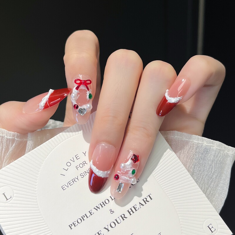 2025 Christmas French-Style Wreath Bowknot Wearable Nail Art Stickers Fake Nails Finished Product Wholesale Removable Brightening Effect 2025 Christmas French-Style Wreath Bowknot Wearable Nail Art Stickers Fake Nails Finished Product Wholesale Removable Brightening Effect