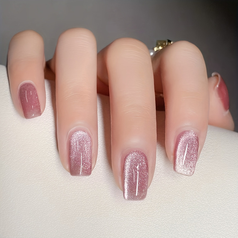 Medium Rectangular 24-Piece Cross-Border Best-Selling Nail Art Sweet and Cute Pink Solid Color Cat Eye Design Wearable Nail Tips Wholesale