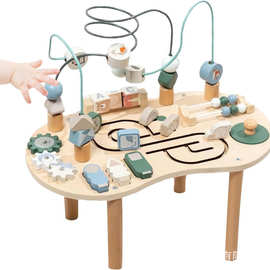 跨境儿童绕珠忙碌板台早教益智玩具多功拆装蒙氏0-3岁木质玩具