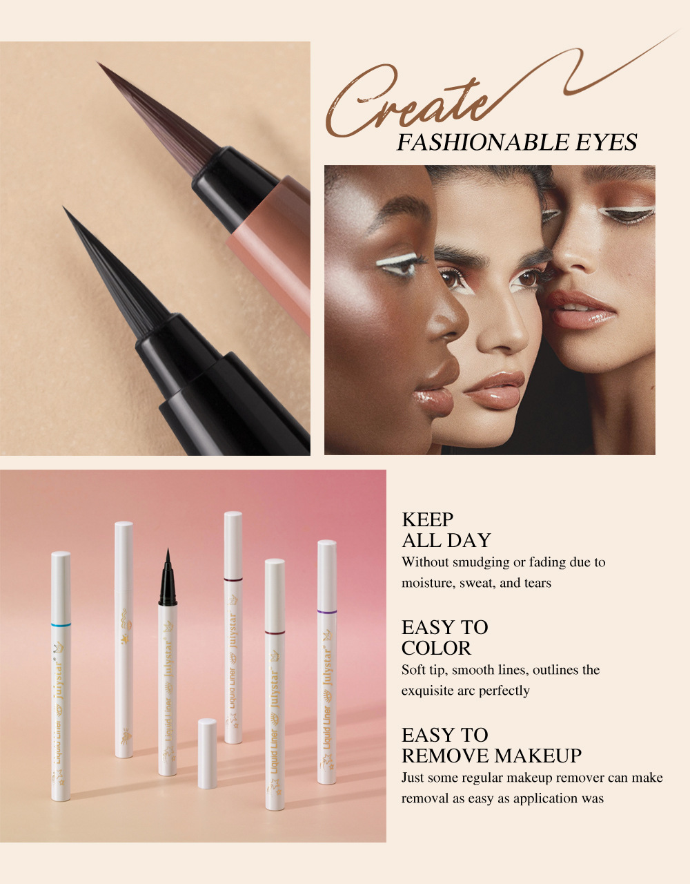 Julystar Non-smudging Long-lasting Waterproof Eyeliner Pen 6-piece set, eye makeup pen wholesale for the under-eye range Item Picture