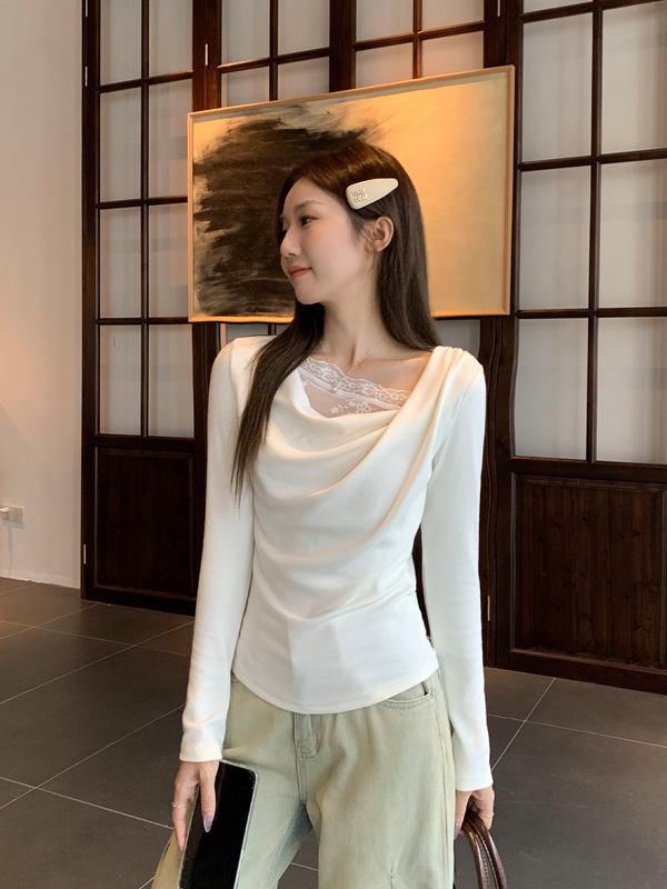 韩系纯色荡领一字领露肩长袖T恤女装2025新款初秋超好看蕾丝上衣|undefined