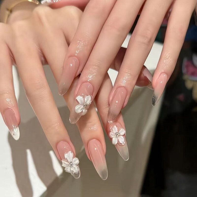 Light Luxury High-End Pure Desire Three-Dimensional Ice Flower Manicure Fake Nails Summer Whitening Wearable Nails Removable Nails Wholesale
