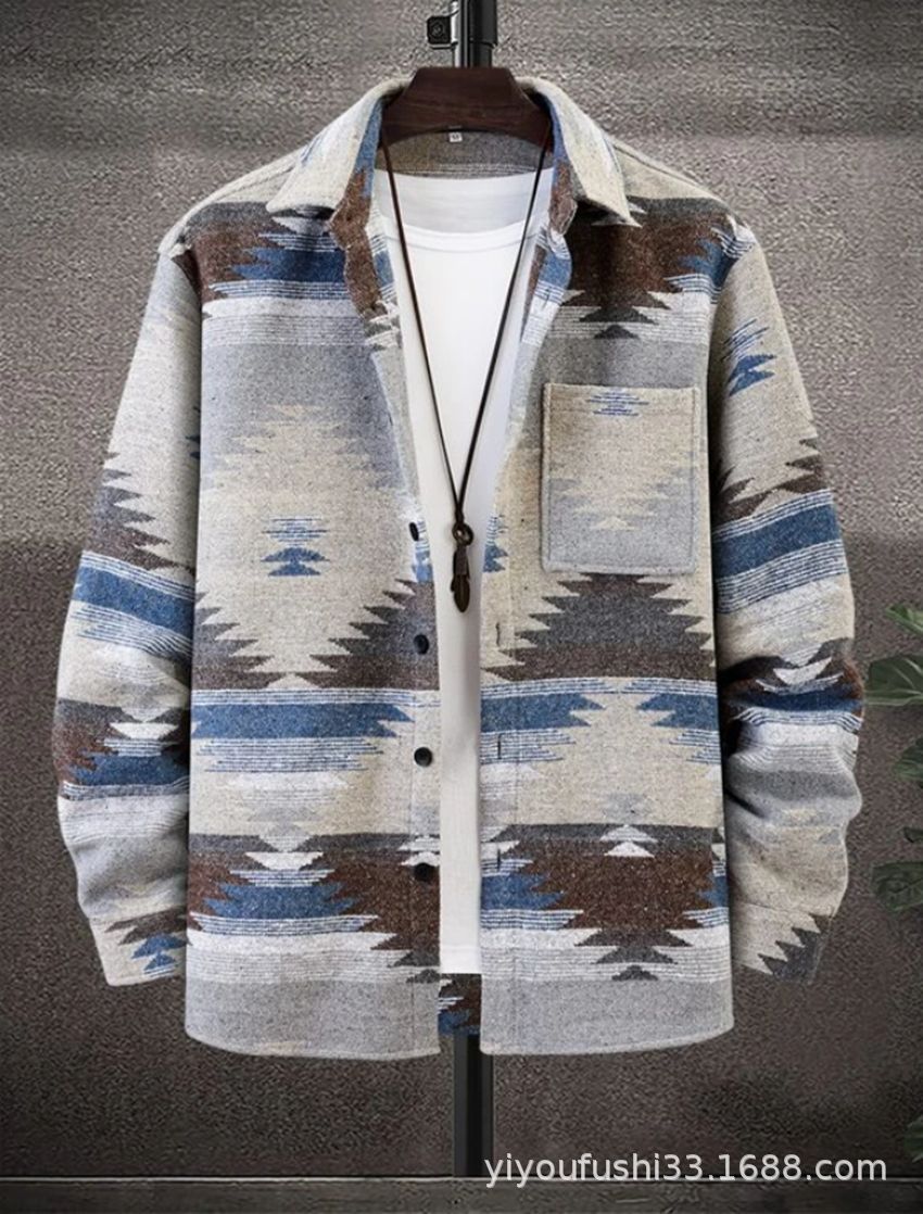 Amazon 2023 Otoño e Invierno Nuevos hombres europeos y americanos de un solo cuello de pecho patrón geométrico Jacquard abrigo de lana de los hombres de cercanías