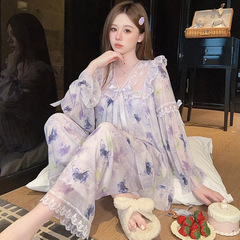 凌蕾春秋新款印花色蕾丝花边甜美宽松公主风网纱睡衣套装家居服