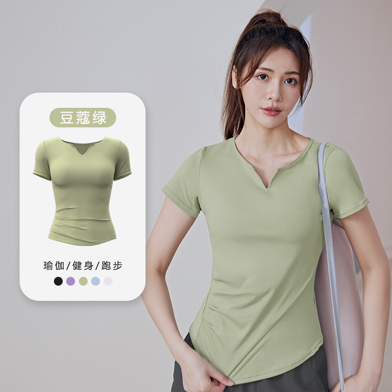スポーツ半袖トップ夏 V ネック女性の速乾性ソリッドカラーウエストルーズ Tシャツランニングフィットネス痩身ヨガウェア|undefined