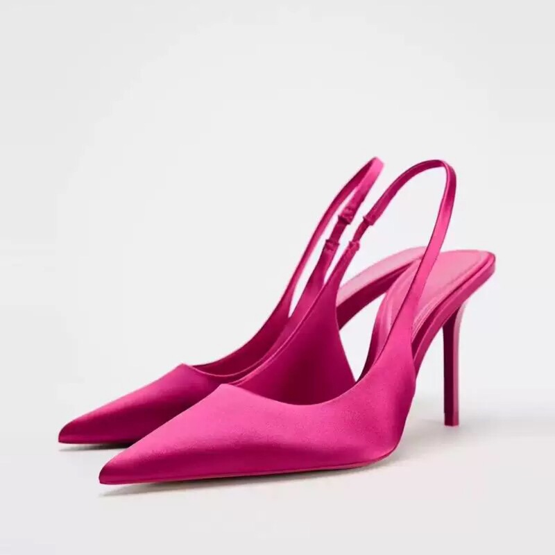 2025 Autumn Pink Satin Pointed Toe Stiletto Sandals Open Back High Heels Ultra High Heels