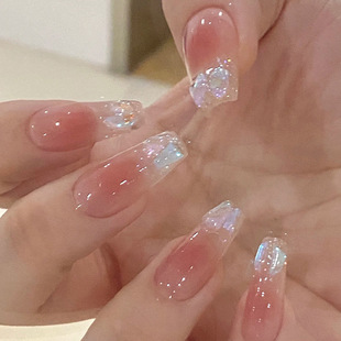 Xiaohongshu’S Popular Handmade Wearable Nails, Short Ice-Transparent Aurora Diamond Blush Manicure Nails, Finished Wholesale Nail Pieces