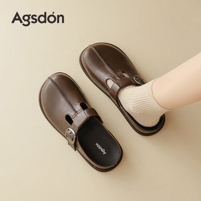 Augu Shi Deng grueso con suela pequeña piel Bocken zapatos de cabeza de medio trapezo para mujeres 2026 nuevos zapatos marrones de primavera británicos de un solo pie