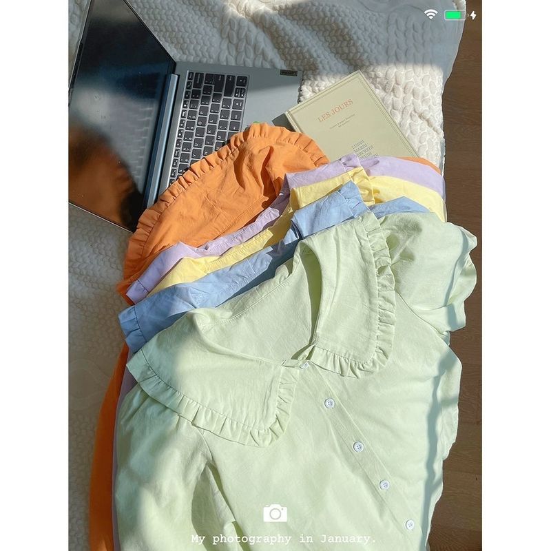 奶黄色长袖衬衫女春季chic法式复古娃娃领上衣设计感小众奶甜衬衣|undefined