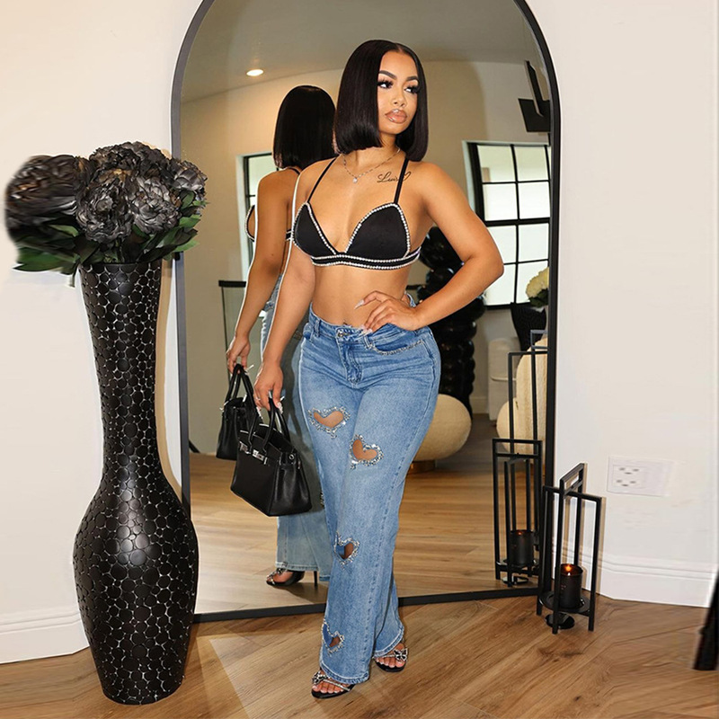 DZF2611 European and American Stretch Denim Amazon Explosions Summer Washed Hot Drilling Love Personalized Trendy Jeans