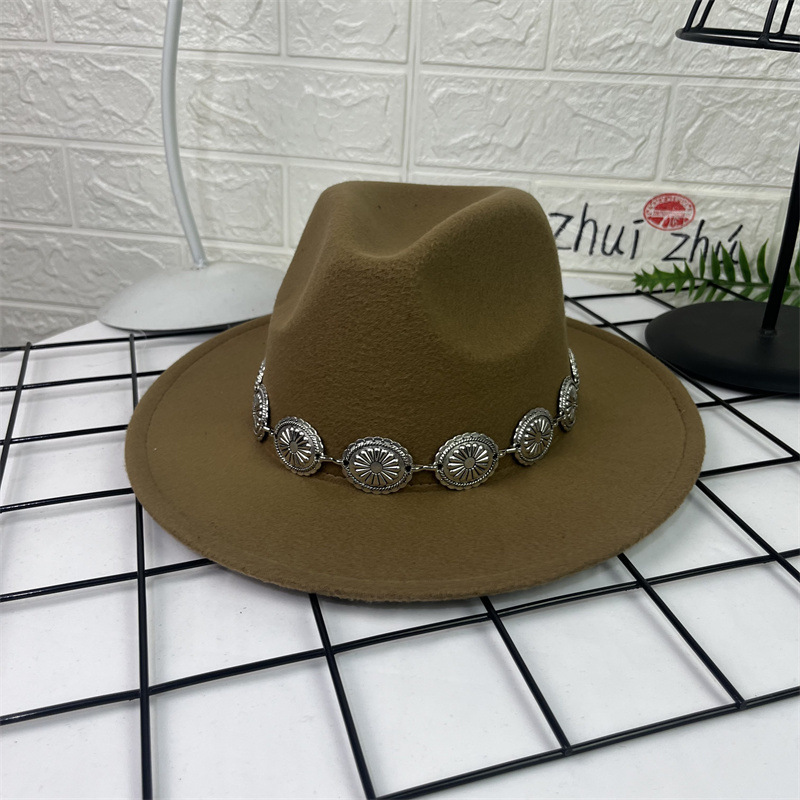 Sombrero de lana europeo y americano sombrero de fieltro de estilo británico decoración de cadena ovalada AliExpress sombrero de jazz borde plano sombrero superior para hombres