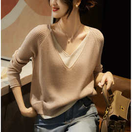 跨境货源2023新款韩版时尚V领假两件撞色宽松显瘦针织衫女士上衣