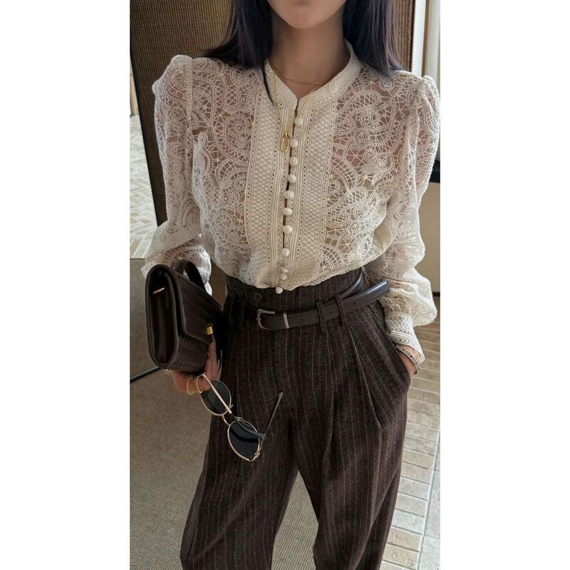法式小香风单排扣甜美镂空钩花长袖蕾丝衫女2025秋季新款时尚上衣|undefined