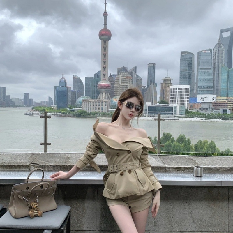 非尝郝女装开领翻领夹克新款腰带双排扣短风衣外套显瘦短裤半身裙|undefined