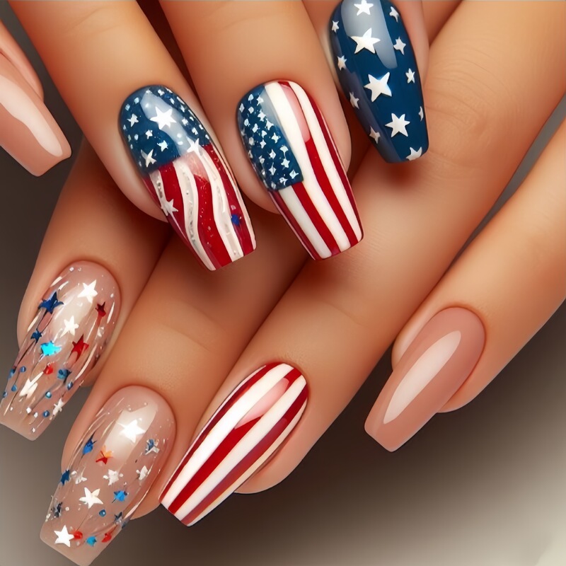 Press-On Nail Art Patch Mid-Length European Square Nail Art Patch Independence Day Nail Art Patch Stars and Stripes Press-On Nail Art Patch Mid-Length European Square Nail Art Patch Independence Day Nail Art Patch Stars and Stripes