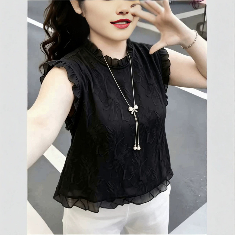 Summer new style ruffled sleeveless jacquard shirt for women, fashionable plus-size slimming, elegant, age-reducing, versatile, lightweight top