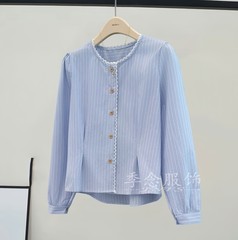 棉浅蓝色竖条纹棉衬衫女短款2025秋季新品时尚洋气上衣潮