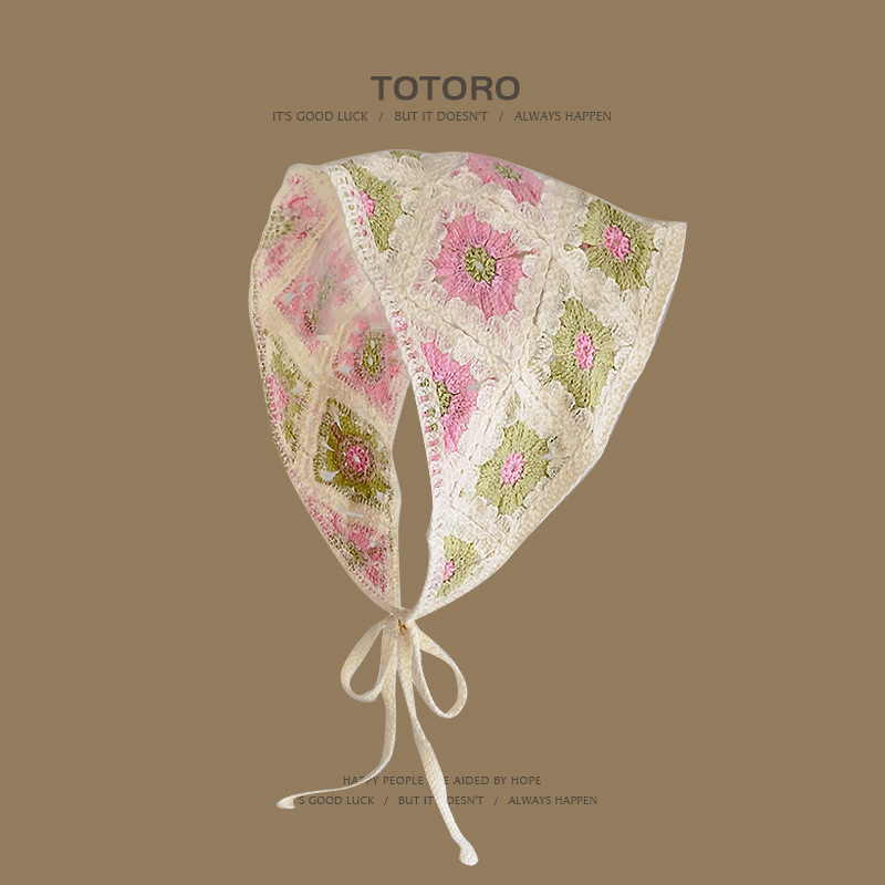 Francia cereza toallas triangulares mujeres primavera y otoño viajes padres-hijos gancho de punto flores hueco pañuelo de arte correa de pelo gorro