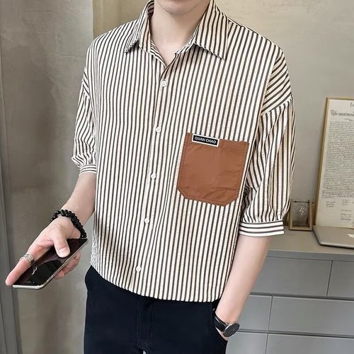 Pocket Summer Vertical Stripe Half-Sleeve Shirt for Men | Youth-Fit, Thin Mid-Sleeve Blouse