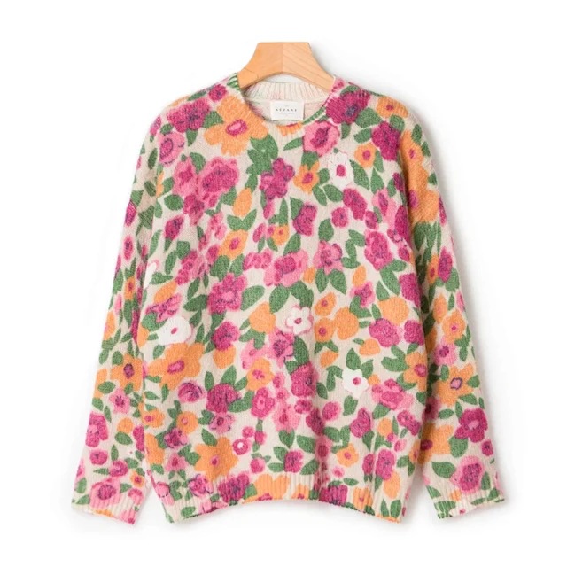Suéter de manga larga suave con cuello redondo y estampado de flores silvestres coloridas de otoño, estilo informal y versátil, nuevo estilo de otoño
