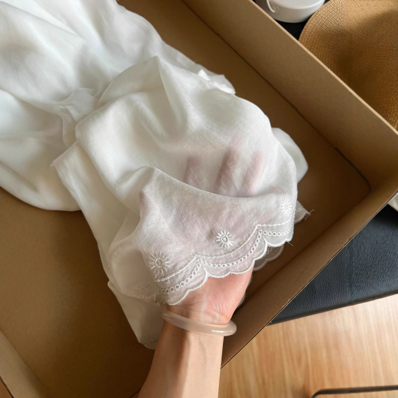 レース刺繍ホワイトリネンカジュアルストレートパンツ女性のための 2025 夏フレンチライト通気性ドレープワイドレッグパンツ|undefined