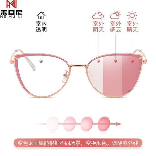 Wholesale color-changing anti-blue light glasses, photosensitive cat-eye flat glasses, student myopia glasses, fashionable retro street style glasses frames