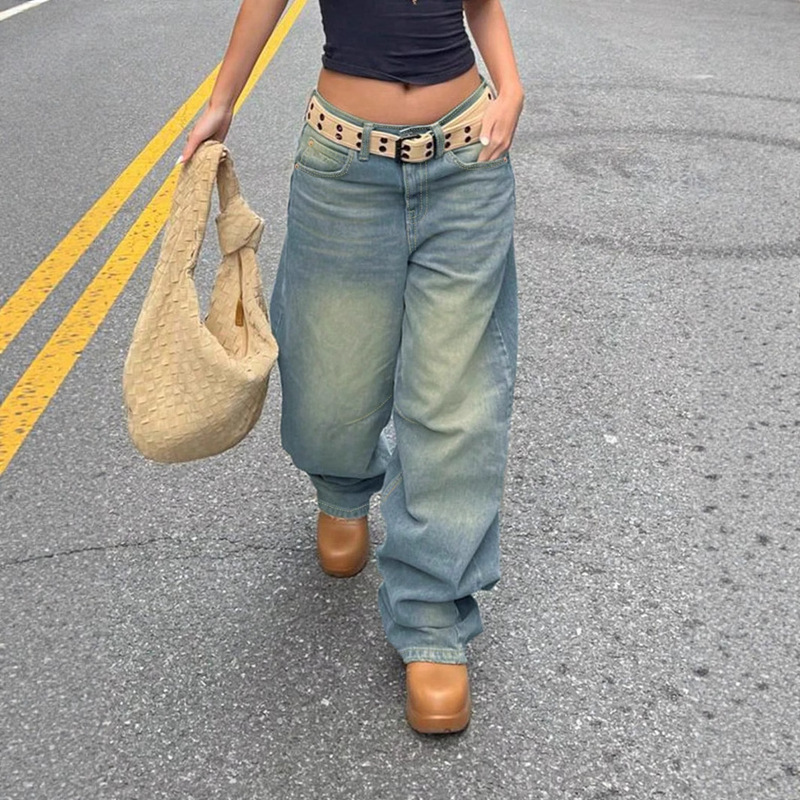 Cross-border Foreign Trade Amazon Europe and America Retro Old Blue Boyfriend Jeans Women's Loose Straight Casual Mop Pants