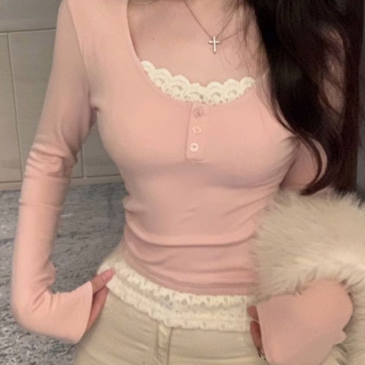 Lace Splicing Fake Two-Piece Long-Sleeved T-Shirt for Women Spring & Fall New Slimming Look Pure Lust Hot Girl Short Top Trendy