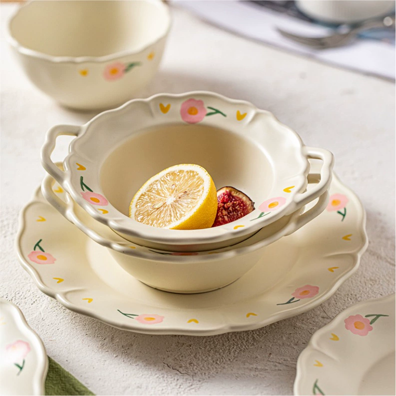 Сервировочный набор для ceramic? Wait must translate accurately: "Ceramic Tableware Set — Soup Bowl & 7" Dinner Plate, Floral Tulip/Paeonia, 18×15×5 cm"
