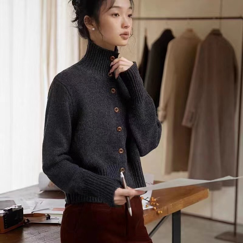 Wool Knitwear French Retro Brown Short Vertical Collar Sweater Cardigan Coat Women's Autumn and Winter Inner Base High Collar Wool Knitwear French Retro Brown Short Vertical Collar Sweater Cardigan Coat Women's Autumn and Winter Inner Base High Collar