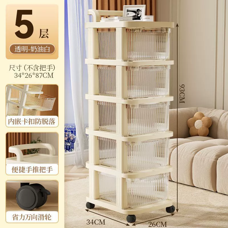 Multilayer Storage Cart Organizer, Mobile Drawer System, 1–5 Tier Transparent or Cream Frame