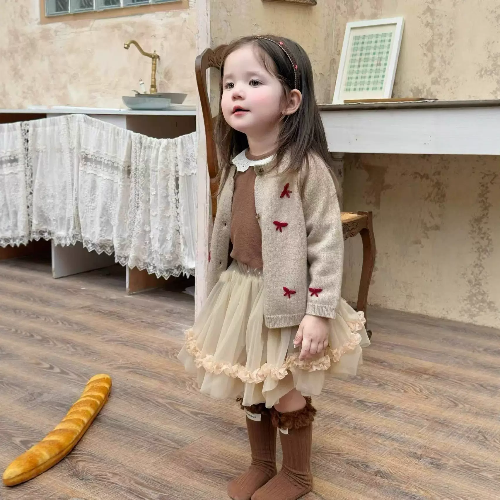 女童春季日系复古美拉德蝴蝶结针织开衫毛衣外套26新款女宝宝上衣