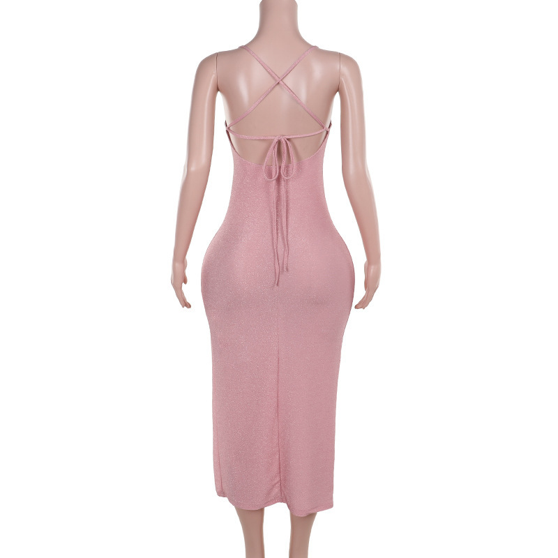 Autumn Sexy Socialite Sexy Slim Fit Camisole Gown Shiny Split Dress Women