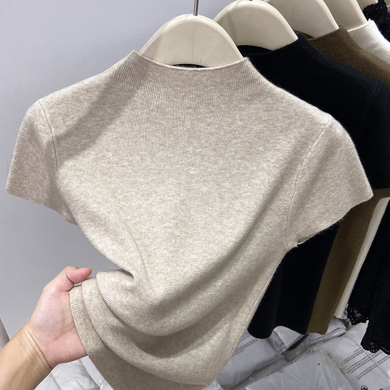 2025 Autumn New Half-High Collar Soft Short-Sleeve T-Shirt Knitted Sweater for Women Slim Fit Stand Collar Base Top