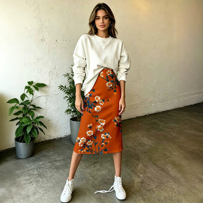 2026 New Style Fresh and Stylish All-Season Skirt with Orange Base and Blue Flowers, Slimming Plus-Size Women's Clothing, Exclusively for Cross-Border Sales, Available in Multiple Colors and Sizes