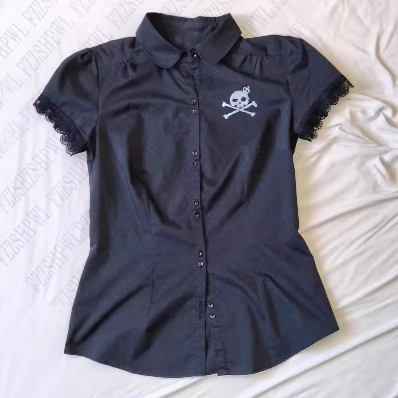 Summer Hot-Selling American Short-Sleeved Black Fashion Trend Slim Waist Lace Skull Blouse for Women