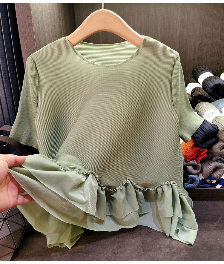 Áo thun nữ tay ngắn xếp ly viền bèo cổ tròn trơn màu — Màu đen, Màu xanh lục nhạt, Màu hồng, Màu xám chi tiết 22